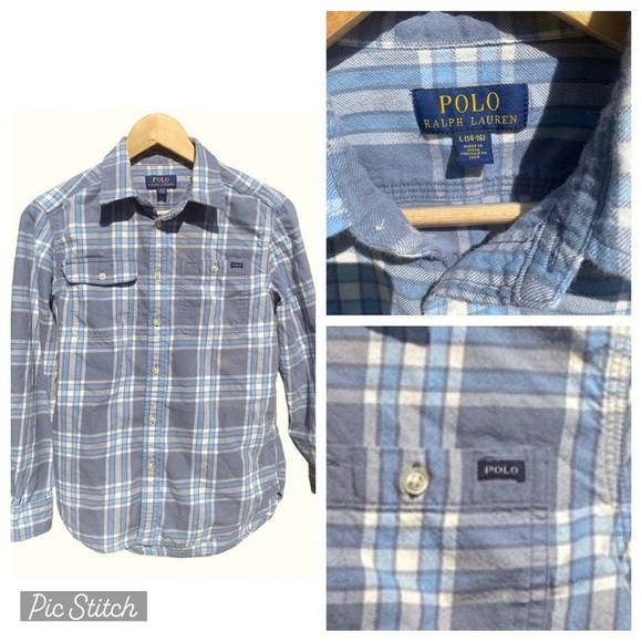 Polo Ralph Lauren Light‎ Blue and Gray Plaid Flannel Shirt Girls L (14/16) - Picture 1 of 12